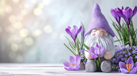 Crocuses and gnome on bokeh background. Spring concept.の素材