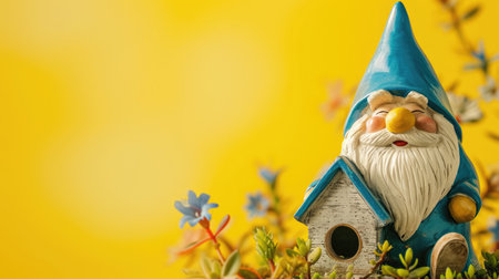 Garden gnome with a house on a yellow background. Copy space.の素材