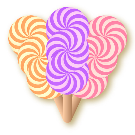 Three spiral candy on a stick . Vector illustration of striped lollipop on a pastel backgroundのイラスト素材