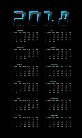 Calendar 2018 is a simple style. 2018 - cut out digits from paper. Black background with blue and white numbers. The week starts on Sunday.のイラスト素材