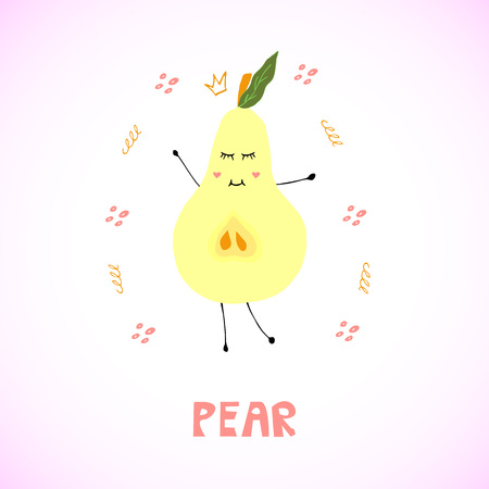 Cartoon pear. Element with lettering. flat hand drawn. Isolated vector design illustration- Vectorのイラスト素材