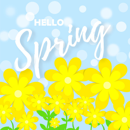 Bright spring background with paper flowers.  Isolated vector design element with lettering ? Hello Spring Vector illustration  Vectorのイラスト素材