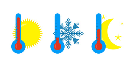 The thermometer icons with different levels. High, low and nightly temperature symbol. Flat Vector