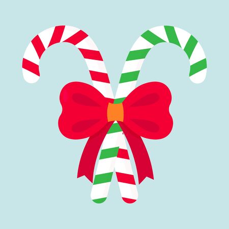 Christmas candy cane decorated with a bow. Isolated on blue background. Colorful vector illustration.のイラスト素材