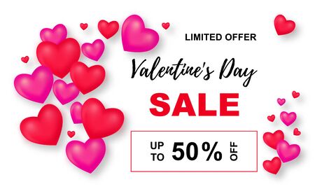 Valentines Day Sale poster. Background wiht 3d Mesh hearts. Up to 50 off. Vector Illustration with Seasonal Offer.のイラスト素材