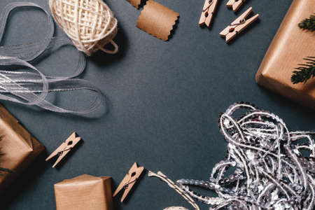 Christmas layout ecological packaging on a grey backgroundの写真素材