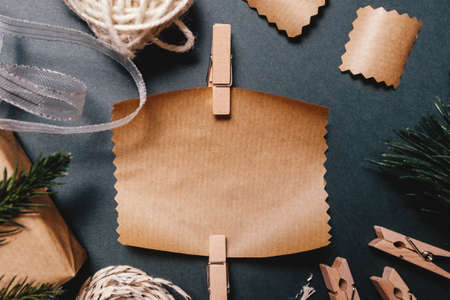 Christmas layout ecological packaging on a grey backgroundの写真素材