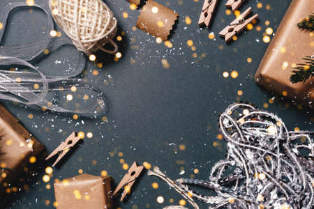 Christmas layout ecological packaging on a grey backgroundの写真素材
