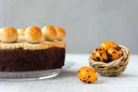 Easter cake fragrant simnel on the table on a gray background for breakfast.