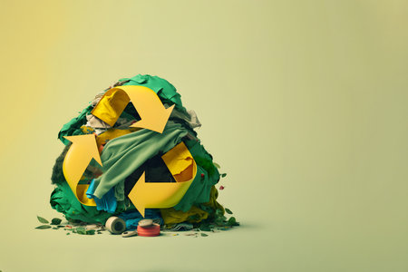 Abstract illustration of overproduction and overabundance of things. Saturated colors. green background. With Generative AI technology.の素材