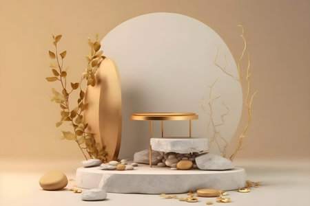 3D podium background with natural light and shadow in beige color. With Generative AI technology.の素材