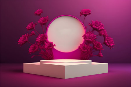 3D podium background with natural light and shadow in pink color. With Generative AI technology.の素材