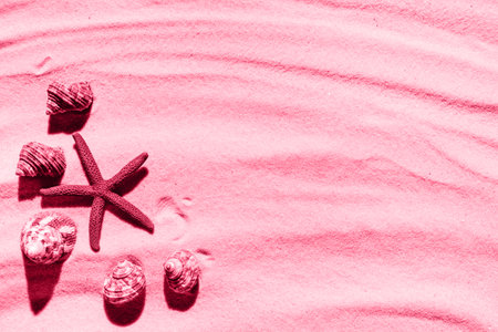 Background of magenta beach sand and a shadow from a palm tree with a place for text. trendy color 2023.の写真素材