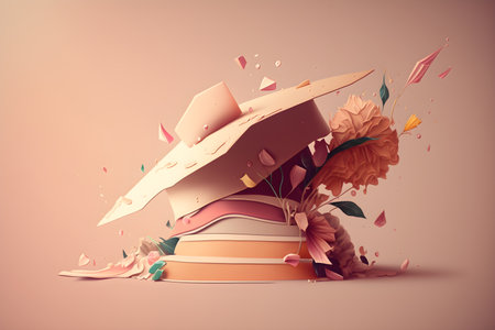 Graduation cap on a pink background on a stack of books with space for text. With Generative AI technology.の素材