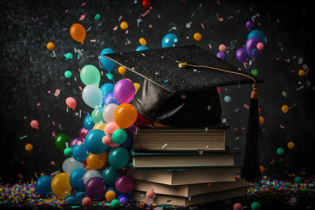 Graduation cap on a gray background on a stack of books with space for text. On the background of balloons and confetti. With Generative AI technology.の素材