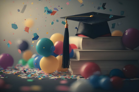 Graduation cap on a pink background on a stack of books with space for text. On the background of balloons and confetti. With Generative AI technology.の素材