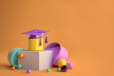 Graduation cap on a orange background in 3d style on a box with space for text. With Generative AI technology.の素材