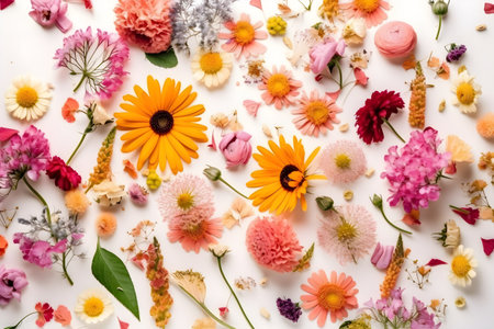Wildflowers on a white background with a place for text, colorful summer flowers. With Generative AI technology.の素材