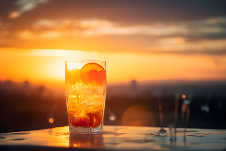 Illustration of lemonade on a orange background. Summer refreshing drink. With Generative AI technology.の素材