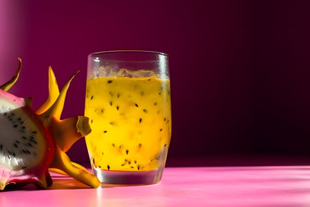 Summer bright cocktail based on purple dragon fruit, with ice, on a pink background. Refreshing natural drink. With Generative AI technologyの素材