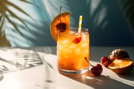 Summer bright cocktail based on orange, orange color, with ice, on a blue background. Refreshing natural drink. With Generative AI technologyの素材