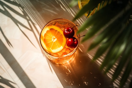 Summer bright cocktail based on orange, orange color, with ice, on a beige background. Refreshing natural drink. With Generative AI technologyの素材
