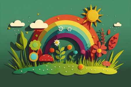 Illustration of nature and rainbow for international children's day with place for text. With Generative AI technologyの素材
