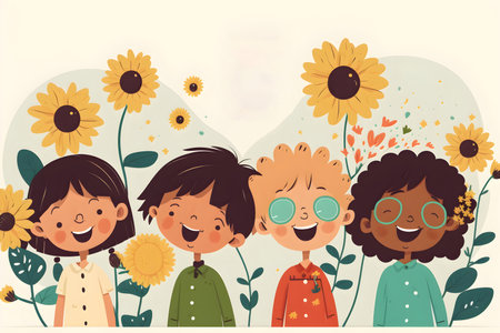 Illustration of a group of children on a white background for International Children's Day with place for text. With Generative AI technology.の素材