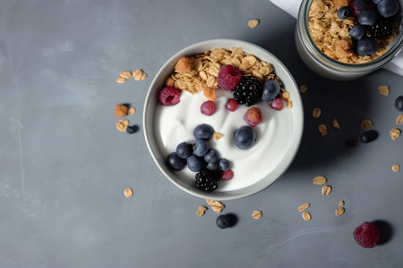 Yogurt with muesli and fresh blueberries on a gray background, perfect breakfast. With Generative AI technology.の素材