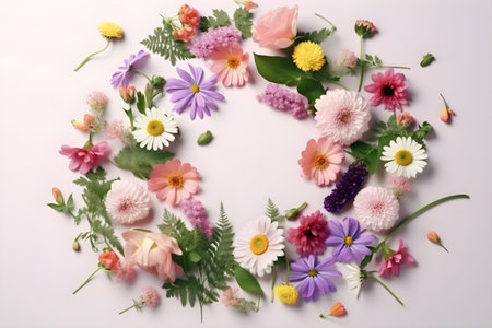 Wildflowers on a pink background with a place for text, colorful summer flowers. With Generative AI technology.の素材