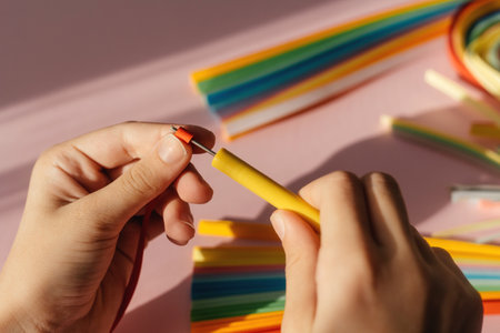 Paper and quilling tools on a pink background with hands and space for text and design.の写真素材