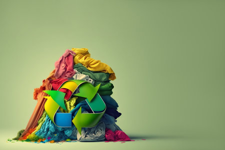 Abstract illustration of overproduction and overabundance of things. Saturated colors. green background. With Generative AI technology.の素材