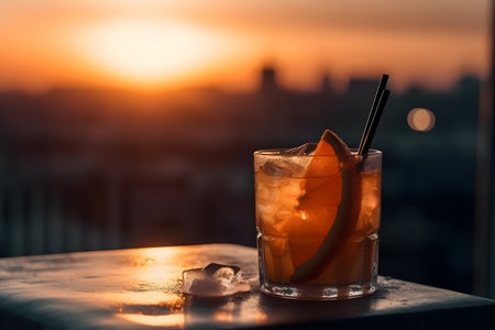 Illustration of lemonade on a orange background. Summer refreshing drink. With Generative AI technology.の素材