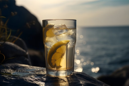 Illustration of lemonade on a blue background. Summer refreshing drink. With Generative AI technology.の素材