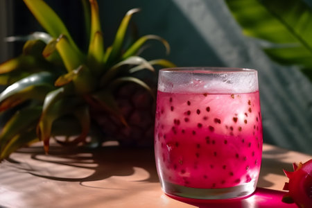 Summer bright cocktail based on purple dragon fruit, with ice, on a gray background. Refreshing natural drink. With Generative AI technologyの素材