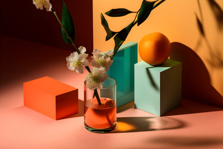 Geometric elements, shapes, for design, empty space on a green background. With Generative AI technology.の素材