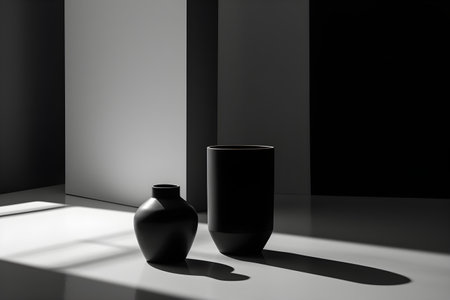 Geometric elements, shapes, for design, empty space on a black and white monochrome background. With Generative AI technology.の素材