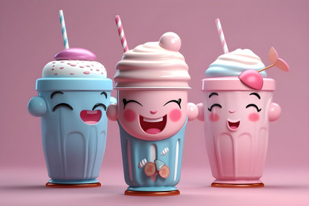 Milkshake 3D cartoon style, sparkling shapes, fun colors, cute, pink background. With Generative AI technologyの素材