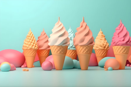 Ice cream 3D cartoon style, sparkling shapes, fun colors, cute, blue background. With Generative AI technologyの素材