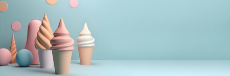 Ice cream 3D cartoon style, sparkling shapes, fun colors, cute, blue background. With Generative AI technologyの素材