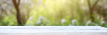 Wooden white light table with empty space on garden background. With Generative AI technologyの素材
