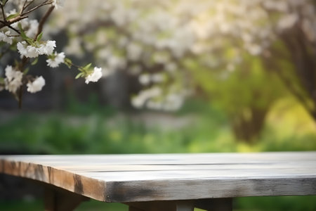 Wooden white light table with empty space on garden background. With Generative AI technologyの素材