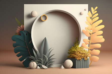 3D podium background with natural light and shadow in beige color. With Generative AI technology.の素材