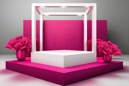 3D podium background with natural light and shadow in pink color. With Generative AI technology.の素材