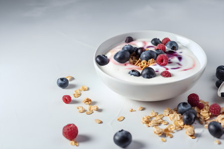Yogurt with muesli and fresh blueberries on a gray background, perfect breakfast. With Generative AI technology.の素材