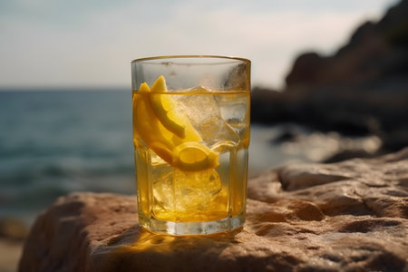 Illustration of lemonade on a blue background. Summer refreshing drink. With Generative AI technology.の素材
