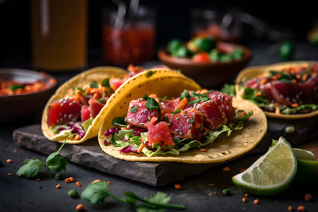Mexican appetizer poke tacos with fish, mix of cultures, regional cuisine and national, asian, fusion. With Generative AI technology.の素材