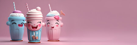 Milkshake 3D cartoon style, sparkling shapes, fun colors, cute, pink background. With Generative AI technologyの素材