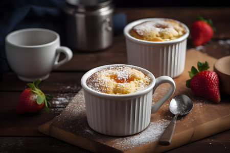 Cupcakes in a mug, microwaved, quick dessert. On a brown background.With Generative AI technology.の素材