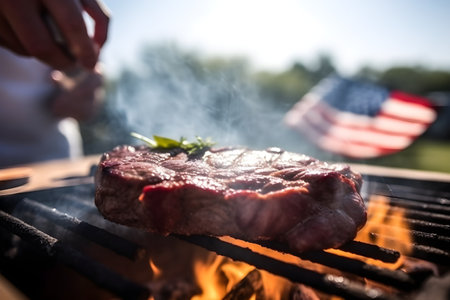Barbecue on Independence Day in the USA on the background of the flag. Generative AI technology.の素材